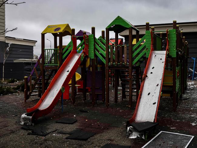 A playground with bullet holes in Bucha. Picture: AFP