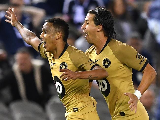MELBOURNE, AUSTRALIA - OCTOBER 18: Keanu Baccus of the Wanderers celebrates scoring a goal during the round two A-League match between Melbourne Victory and the Western Sydney Wanderers at Marvel Stadium on October 18, 2019 in Melbourne, Australia. (Photo by Quinn Rooney/Getty Images)