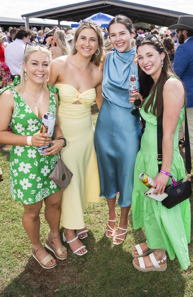 At the Clifton Races are (from left) Ashleigh McLean, Brianna Gross, Emily Phelan and Shazza Jones, Saturday, October 28, 2023. Picture: Kevin Farmer