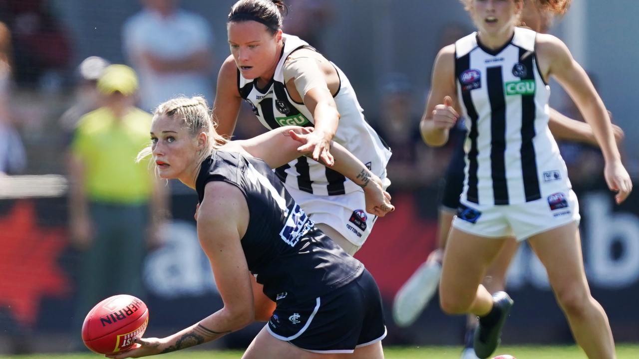 Tayla Harris can expect a physical clash when the Blues take on the Pies. Picture: AAP