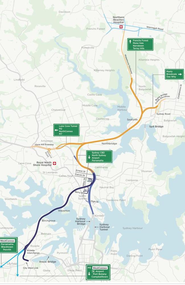 An overview of the proposed Beaches Link project with links to other motorways.