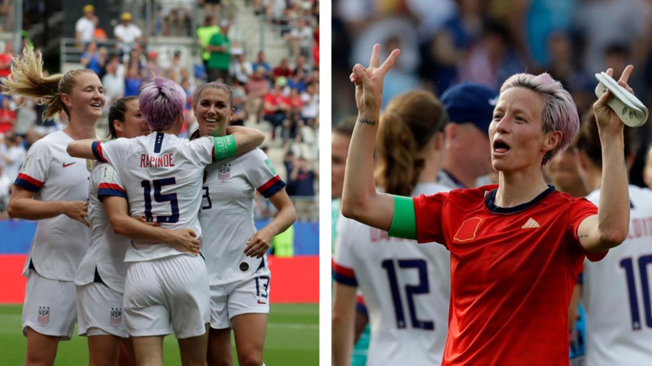 Megan Rapinoe celebrates as US go through to the quarter-finals.