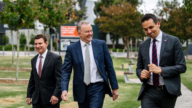 The Member for Makin, Tony Zappia, Anthony Albanese and State Member for Wright, Blair Boyer. Picture: NCA NewsWire / Morgan Sette