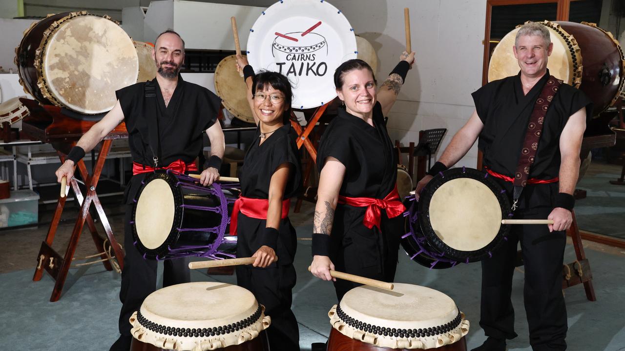 Cairns charity Smile With Kids will host the Japan Day of Hope festival at Edge Hill State School on Saturday, fundraising for children affected by the 2011 Japanese earthquake and tsunami, and the fallout from nuclear radiation from the power plant explosion. Stephen Davey, Sylvia Au, Manda Keane and Joel Ward from the Cairns Taiko Drummers will open the festival, one of five different drumming teams performing at the festival. Picture: Brendan Radke