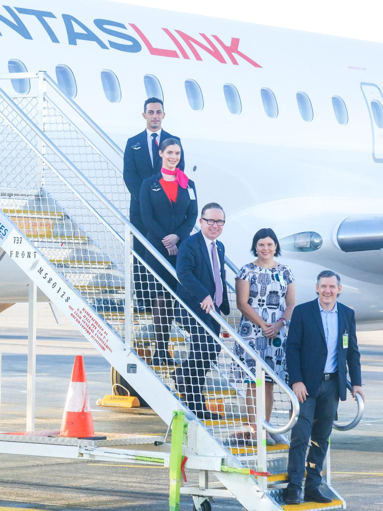 Qantas CEO alan Joyce , NT Chief Minister Michael Gunner and Tourism Minister Natasha Fyles ahead of an announcement of new routes out of Darwin. Picture: Glenn Campbell