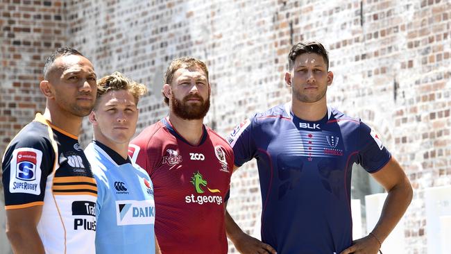 BRISBANE, AUSTRALIA - FEBRUARY 11:  (L-R) Christian Lealiifano of the Brumbies, Michael Hooper of the Waratahs, Scott Higginbotham of the Reds and Adam Coleman of the Rebels pose for a photo during the 2018 Super Rugby Season Launch at Brisbane Powerhouse on February 11, 2018 in Brisbane, Australia. (Photo by Bradley Kanaris/Getty Images)