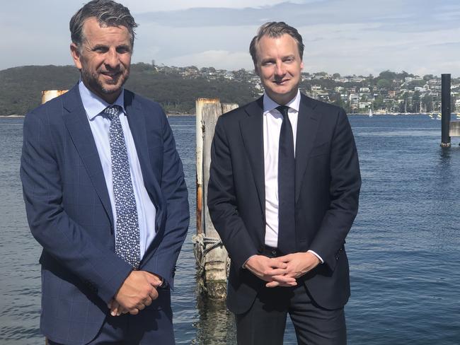 Minister for Transport Andrew Constance and Manly MP James Griffin at Manly Wharf today for the announcement of a $205 million package to boost ferry transport and infrastructure. Picture: Julie Cross