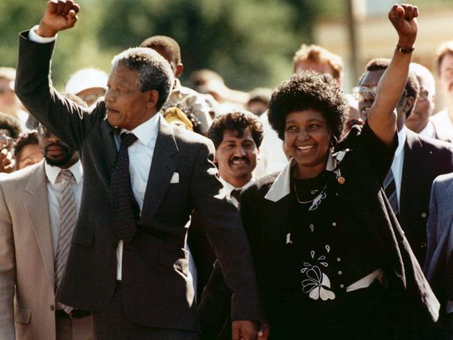 Nelson Mandela and wife Winnie, walking hand-in-hand, raise clenched fists upon his release from Victor prison, Cape Town, in this Sunday, February 11, 1990. Picture: AP