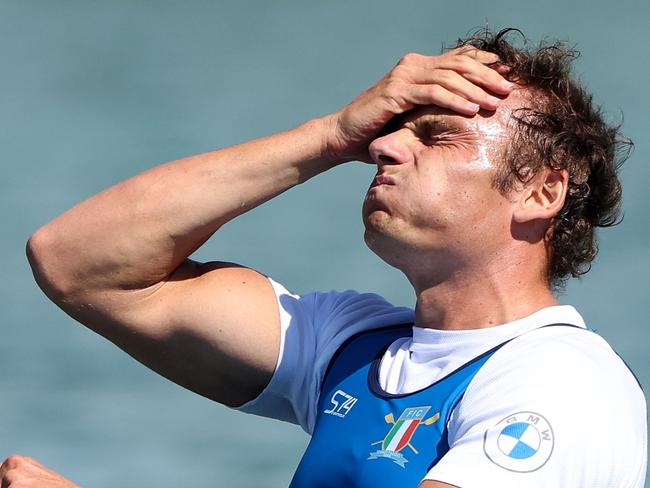 MUNICH, GERMANY - AUGUST 13: Giacomo Perini of Italy reacts after winning the PR1 Men's Single Sculls Final A on day 3 of the European Championships Munich 2022 at Munich Olympic Regatta Centre on August 13, 2022 in Munich, Germany. (Photo by Alexander Hassenstein/Getty Images)