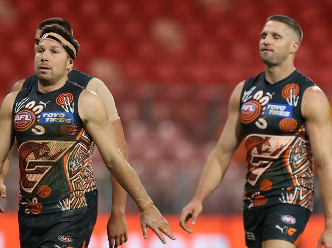 SYDNEY, AUSTRALIA – MAY 18: Sam Taylor of the Giants looks dejected during the round 10 AFL match between Greater Western Sydney Giants and Western Bulldogs at ENGIE Stadium on May 18, 2024 in Sydney, Australia. (Photo by Jason McCawley/AFL Photos/via Getty Images)