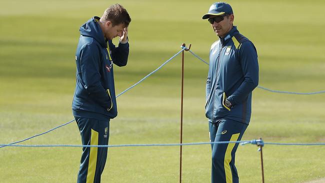 Smith on the Headingley wicket with coach Justin Langer on Tuesday. Picture: Getty Images