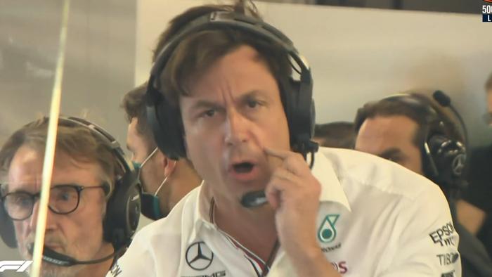Toto Wolff reacts angrily to the last-lap call by Michael Masi.