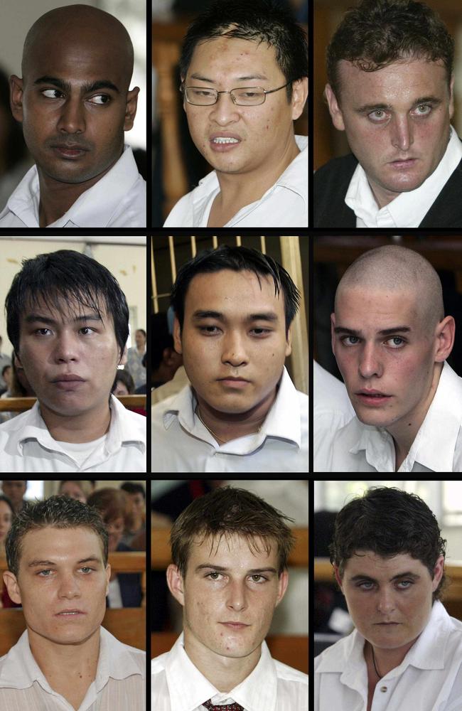 Bali Nine members (top L-R) Myuran Sukumaran, Andrew Chan and Martin Eric Stephens, 2nd row (from L-R) Chen Si Yi, Tach Duc Thanh Nguyen and Matthew Norman, and 3rd row (from L-R) Scott Rush, Michael Czugaj and Renae Lawrence. Picture: Supplied