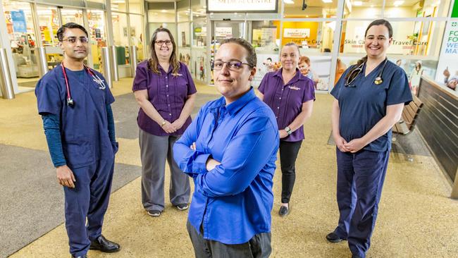 Jade Devey (centre) with Dr Bhavik Damodar, Sandra Thomas, Kay Dekker and Dr Eve Jenkins from the Jindalee Care Medical Practice, who she has nominated for the Thanks A Million campaign. Picture: Richard Walker