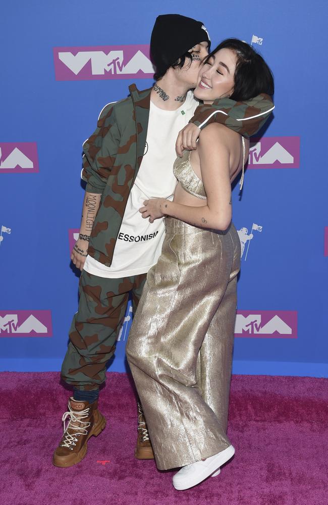 Noah Cyrus, right, and Lil Xan arrive at the MTV Video Music Awards at Radio City Music Hall on Monday, Aug. 20, 2018, in New York. Picture: Evan Agostini/Invision/AP