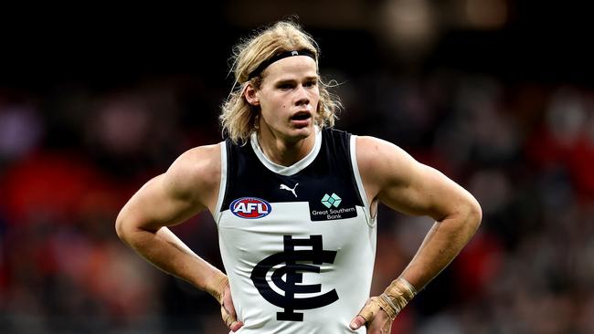 SYDNEY, AUSTRALIA - JULY 06: Tom De Koning of the Blues looks on during the round 17 AFL match between Greater Western Sydney Giants and Carlton Blues at ENGIE Stadium, on July 06, 2024, in Sydney, Australia. (Photo by Brendon Thorne/AFL Photos/via Getty Images)