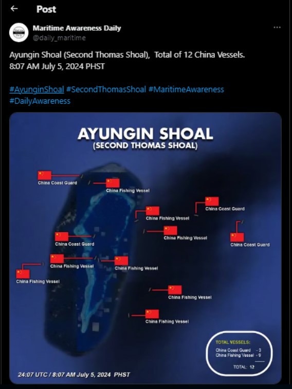 Beijing accuses the Philippines of “infringing” on its territory. Picture: Maritime Awareness Daily/X