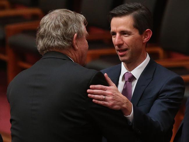 Senator Chris Back and Education Minister Senator Simon Birmingham after the Education Bill passed the senate. Picture: Kym Smith