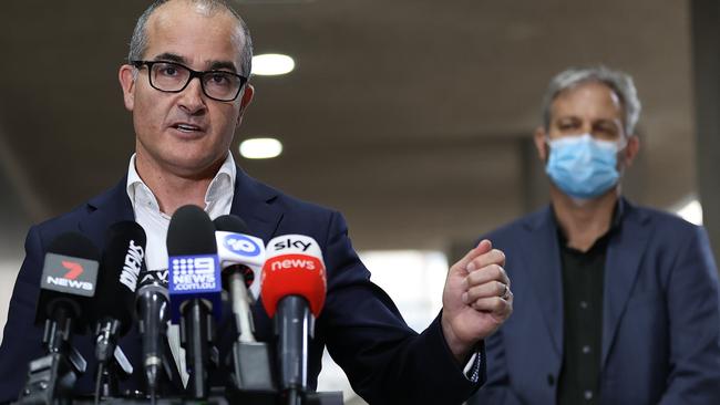 Acting Premier James Merlino and chief health officer Brett Sutton announcing lockdown restrictions. Picture: Robert Cianflone/Getty Images