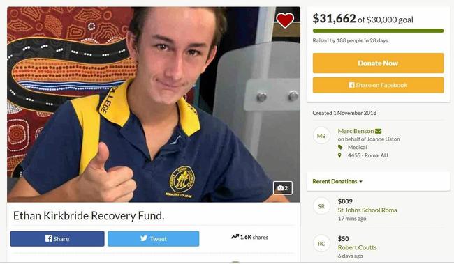 The GoFundMe page for Roma teen Ethan Kirkbride reached and exceeded its fundraising goal today. Picture: GoFundMe