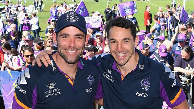 Cameron Smith and Billy Slater with Melbourne fans after the grand final loss. Picture: Getty