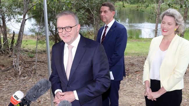 Anthony Albanese with Housing Minister Clare O’Neil and Queensland Treasurer Cameron Dick on Tuesday. Picture: Steve Pohlner