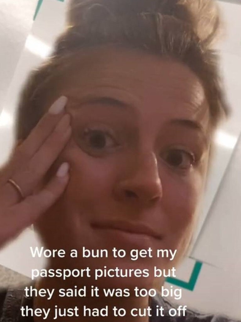 Woman with giant bun in hysterics over awkward Photoshop blunder in her passport photos