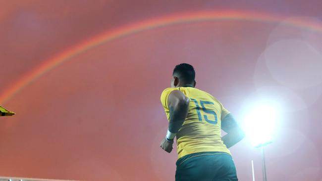 FILE: Israel Folau sacked by Rugby Australia for Homphobic tweet PERTH, AUSTRALIA - SEPTEMBER 09: Israel Folau of the Wallabies runs onto the field during The Rugby Championship match between the Australian Wallabies and the South Africa Springboks at nib Stadium on September 9, 2017 in Perth, Australia.  (Photo by Cameron Spencer/Getty Images)