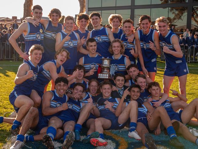 The Sacred Heart boys celebrate their Intercol win over rivals Rostrevor on Saturday. Picture: Supplied, Sacred Heart College