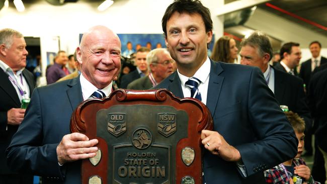 Bob Fulton and LAurie Daley with the shield after game 3 of the 2014 Origin series between the NSW Blues and Queensland Maroons at Suncorp Stadium.Picture Gregg Porteous