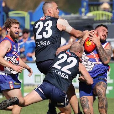 Bullioh forward Ash Murray marks near goal during the Upper Murray grand final against Cudgewa. Picture: Corryong Courier