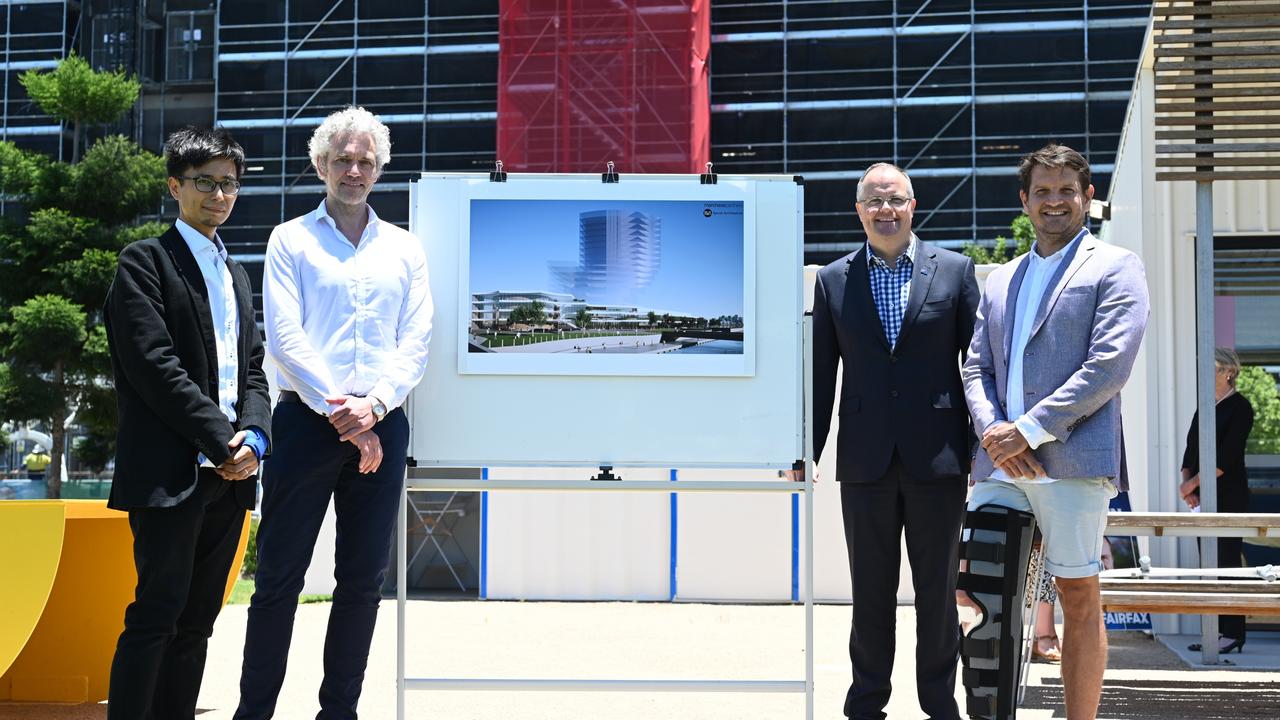 RWA Sports Architecture's Rick Chen and Ralph Wheeler, Marchese Partners principal Frank Ehrenberg and Fairfax MP Ted O'Brien revealed new designs for a Sunshine Coast convention and exhibition centre.