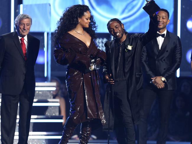 Rihanna and Kendrick Lamar accept the award for best rap/sung performance for “Loyalty” at the 60th Annual GRAMMY Awards at Madison Square Garden on January 28, 2018 in New York City. Picture: AP