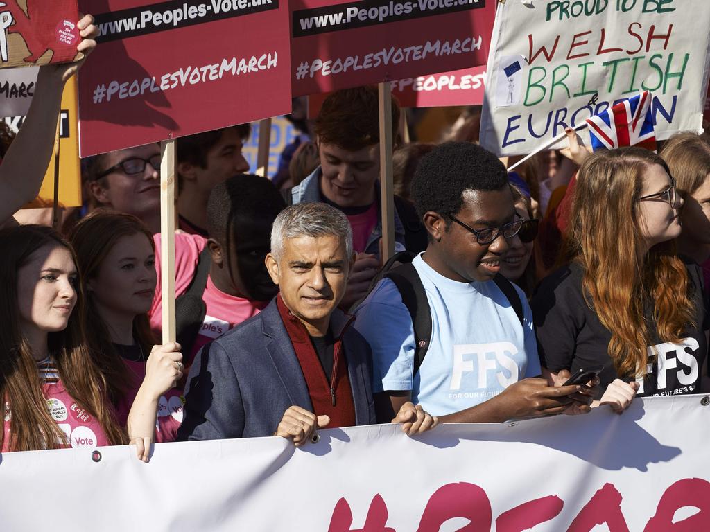 Mayor of London Sadiq Khan (C) joins demonstrators as they take part in a march calling for a People's Vote on the final Brexit deal. Picture: AFP