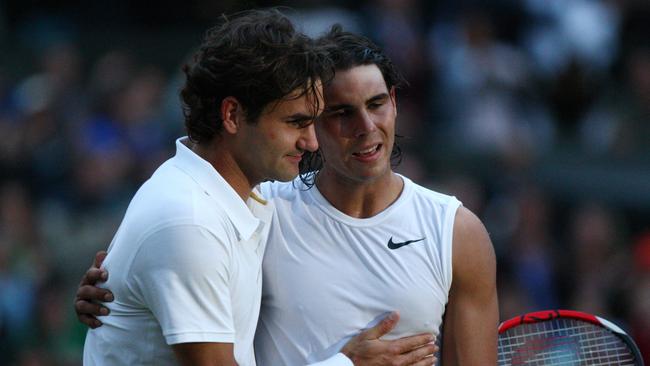 Rafael Nadal, right, is congratulated by Roger Federer after winning 2008 Wimbledon singles final. Picture: AFP