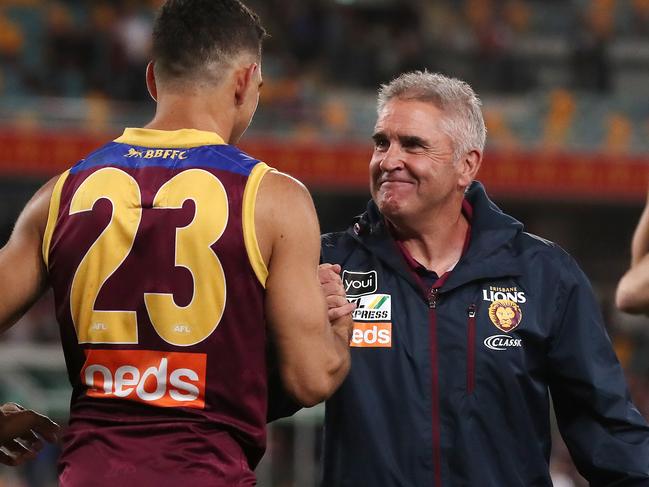 AFL. 2nd Qualifying Final. Brisbane Lions vs Richmond at the Gabba.. 02/10/2020.  Chris Fagan, senior coach of Brisbane  and Charlie Cameron shale hands after tonights win    . Pic: Michael Klein