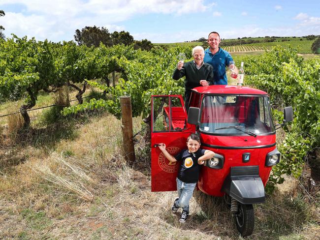 WINES - Monday, 7th December 2020 - McLaren Vale's Zerella Wines hosts special experiences including tastings in the vines and 4WD tours. Jim Zerella with his grandfather Frank and son Vito 6yrs. Picture Sarah Reed