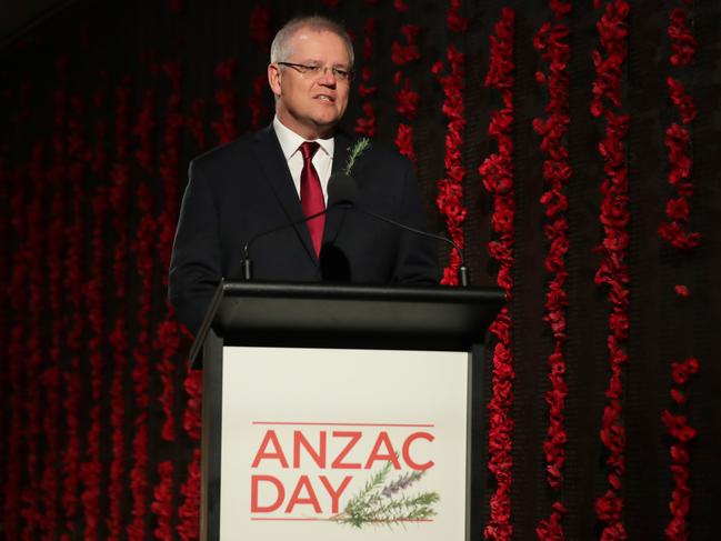 Prime Minister Scott Morrison delivers the address during the Anzac Day commemorative service at the Australian War Memorial in Canberra. Picture: AAP