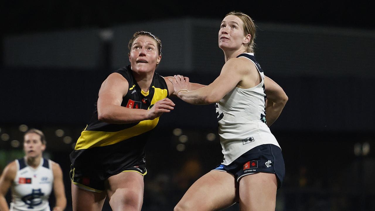 Tamara Luke had 21 hit-outs (seven to advantage) and three clearances before being selected to play another game five days later against Port Adelaide on Tuesday. Picture: Daniel Pockett / Getty Images