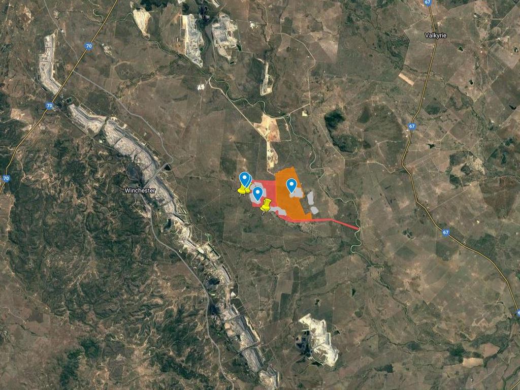 Aerial map from environmental group Lock The Gate showing where it had spotted koalas near the proposed expansion site of the Olive Downs coal mine. The group is calling for Tanya Plibersek to add new conditions to the approval given to Pembroke Resources. Picture: Supplied