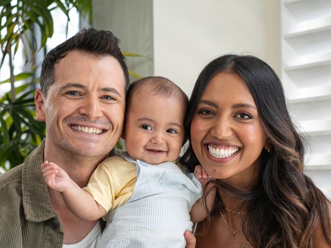 *** PICTURE EXCLUSIVE WEEKEND TELEGRAPH ONLY. NOT TO BE USED ANYWHERE ELSE WITHOUT PRIOR PERMISSION FROM PICTURE DESK.***02/02/2024. The WeekendTelegraph. News.Coogee, Sydney, NSW, Australia.Portraits of actors Rob Mallett with wife Chloe Zuel and their baby Tadhg, shot at The Crowne Plaza Hotel in Coogee.Rob is the start of Elvis which is about to open at The State Theatre and his wife starred in Hamilton last year.Picture: Julian Andrews