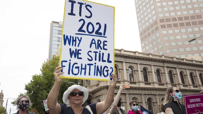 March 4 Justice protesters in Adelaide joined the nationwide women’s movement in Tarntanyangga/Victoria Square. Picture: NCA NewsWire/Emma Brasier