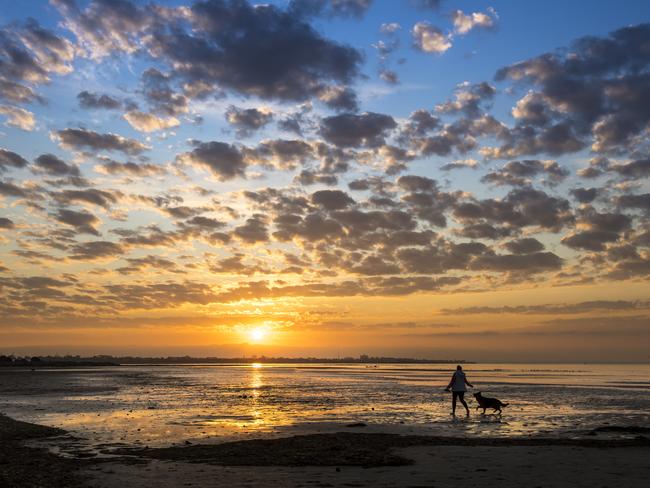 A lady walks her dog as the sun rises above Altona beach in Melbourne, Friday, March 27, 2020. Victoria's coronavirus numbers have continued to rise after the state registered its first three deaths from the illness. (AAP Image/ Vince Caligiuri) NO ARCHIVING