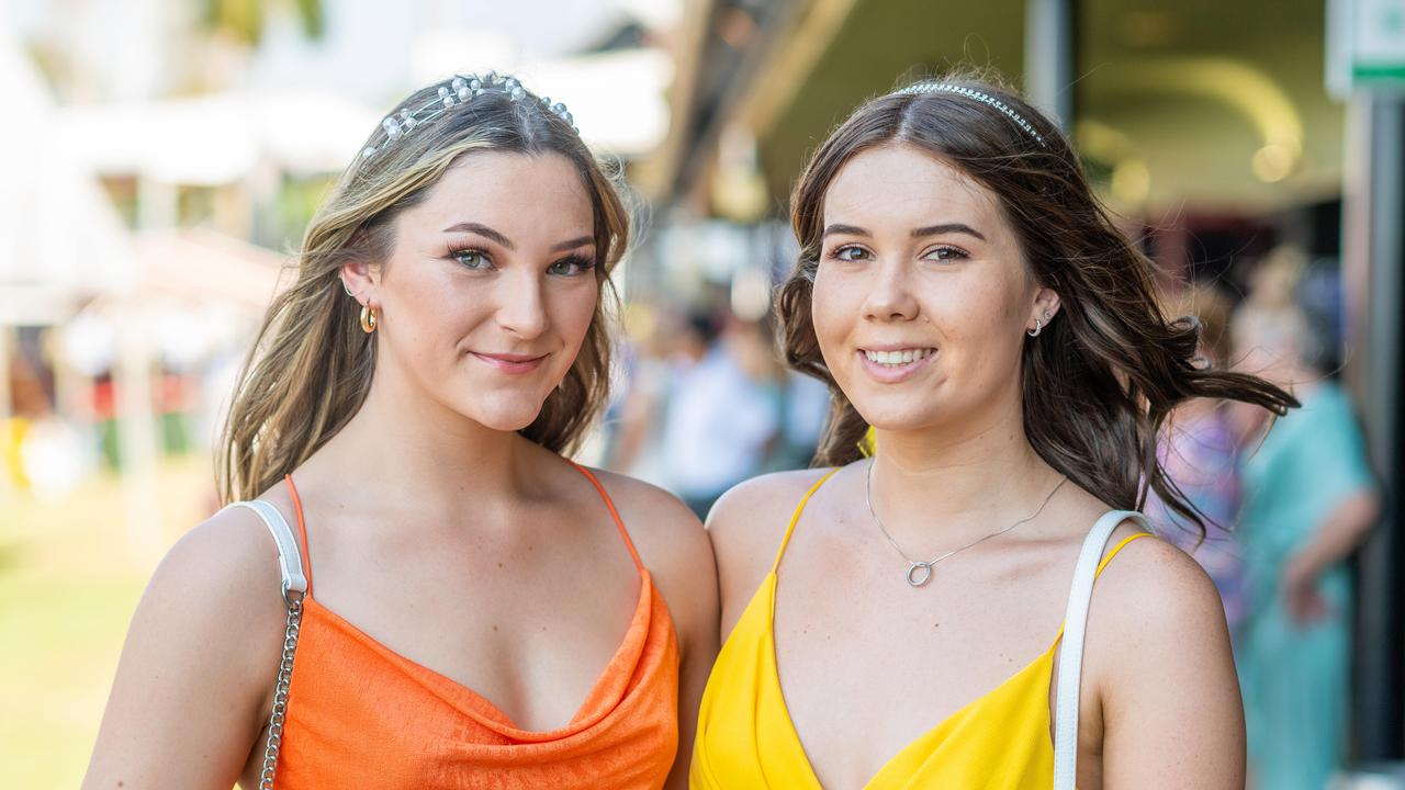 Ashley Wood and Emily James at the 2021 Darwin Cup Carnival Bridge Toyota Ladies’ Day. Picture: Che Chorley