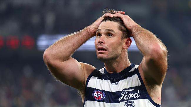 Tom Hawkins after the loss to Melbourne. Picture: Quinn Rooney/Getty Images