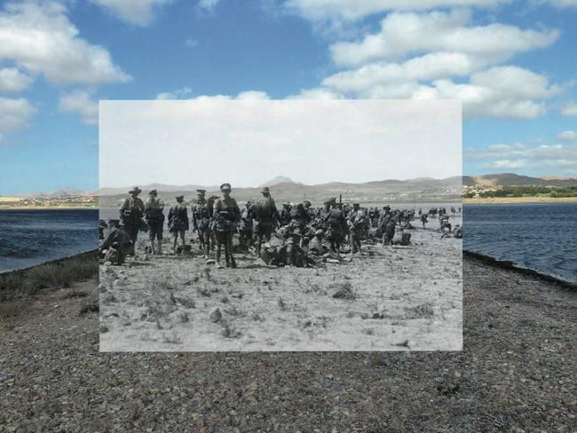 Mudros Harbour then and now. Picture: AW Savage/Cheryl Ward and Bernard de Broglio/State Library of NSW