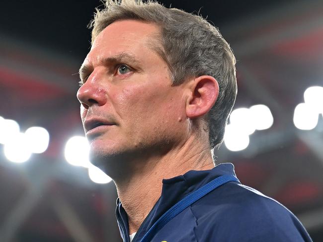 BRISBANE, AUSTRALIA - APRIL 12: Brumbies head coach Stephen Larkham looks on during the round nine Super Rugby Pacific match between Queensland Reds and ACT Brumbies at Suncorp Stadium, on April 12, 2025, in Brisbane, Australia. (Photo by Albert Perez/Getty Images)