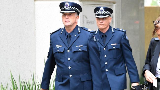 Victoria Police Assistant Commissioner Michael Grainger (left) and Superintendent Peter Ward arrive at the Coroners Court today. Picture: AAP