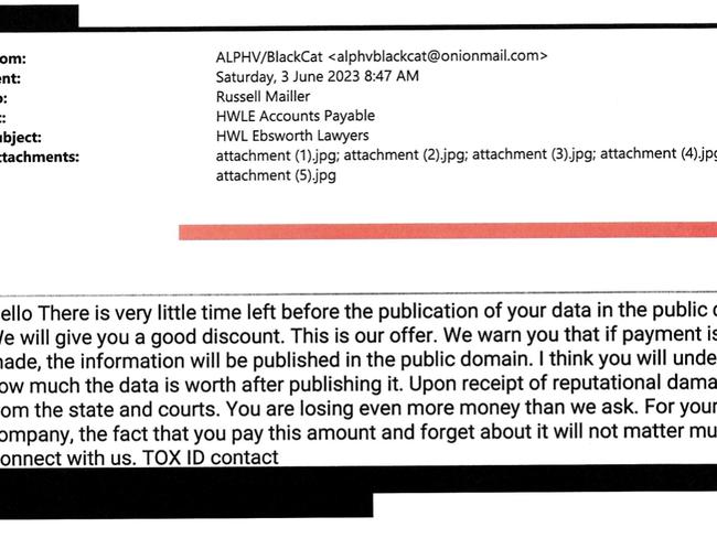 Ransom demands sent to law firm HWL Ebsworth after 4 terabytes of data stolen by Russian hackers . Source: - Supreme Court of NSW.