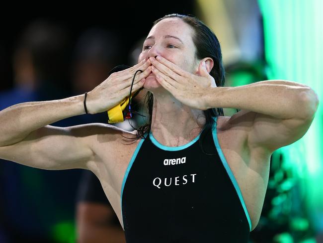 Cate Campbell thanks the crowd after competing in the Women’s 50m Freestyle Final at the 2024 Australian Swimming Trials in Brisbane. Picture: Chris Hyde/Getty Images